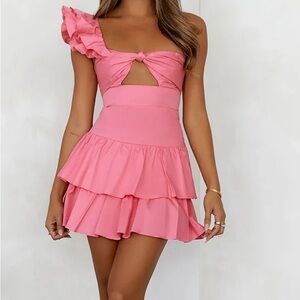 Hello Molly Ruffled Out Pink Mini Shoulder Dress. Worn once!